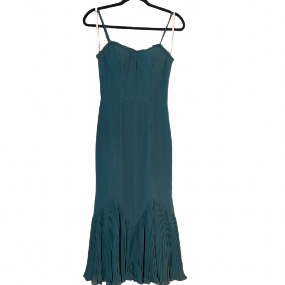 AW Bridal Dark Emerald Satin Bustier Midi Dress Pleated Hem Size 0 NWT